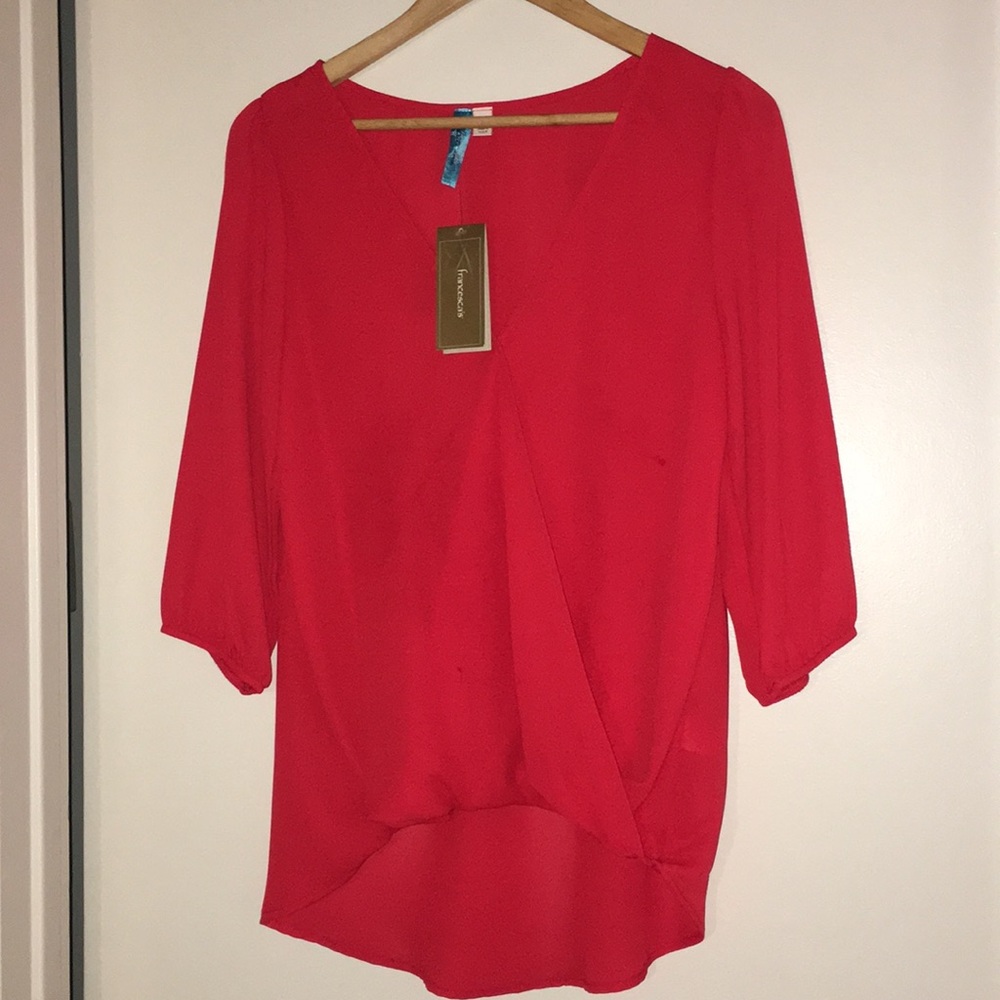 Red, wrap front, high low blouse